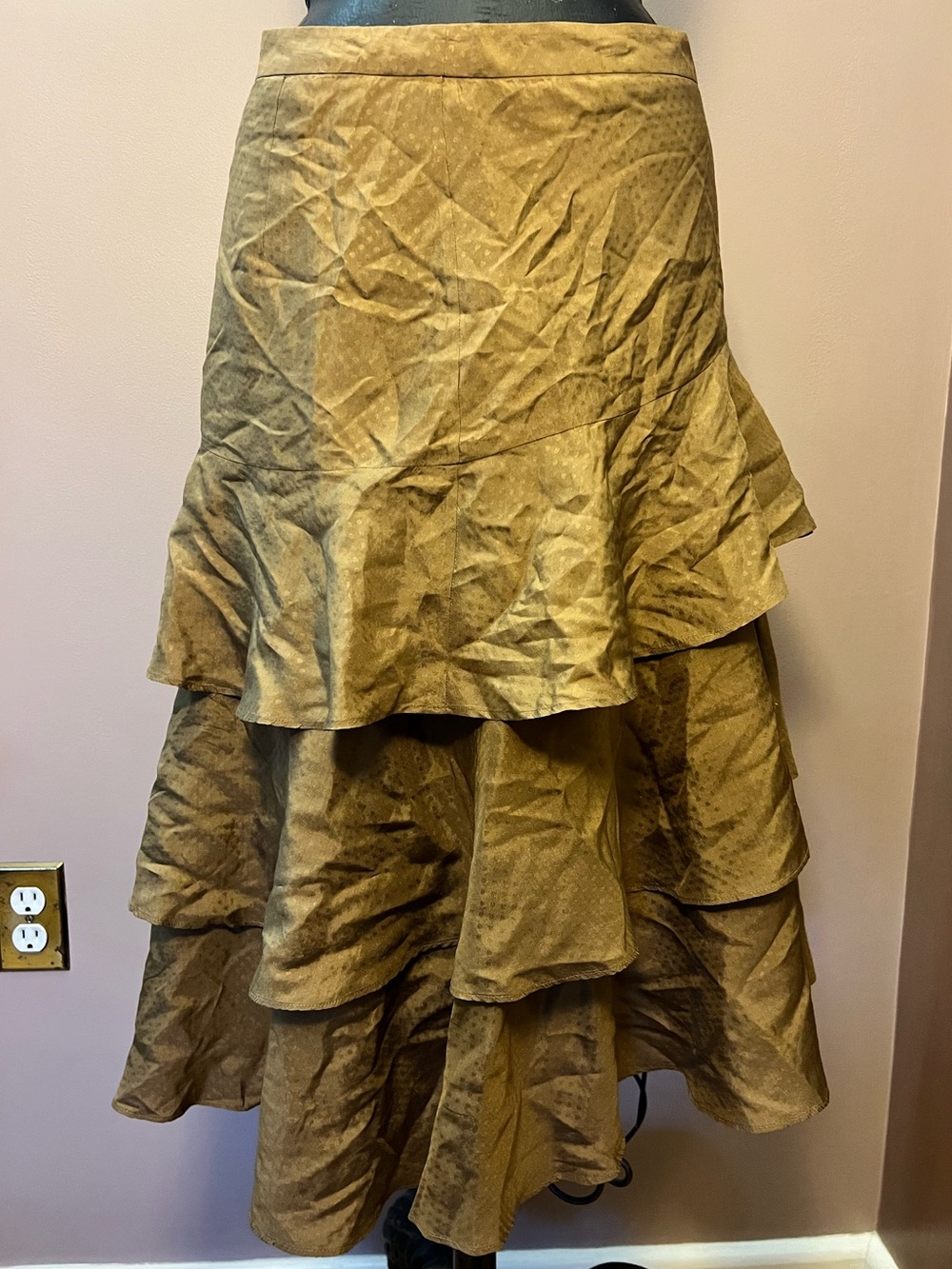Vintage Rusty Gold Textured 100% Silk Tiered Ruffle Midi Skirt Fall ‘05 Size 2